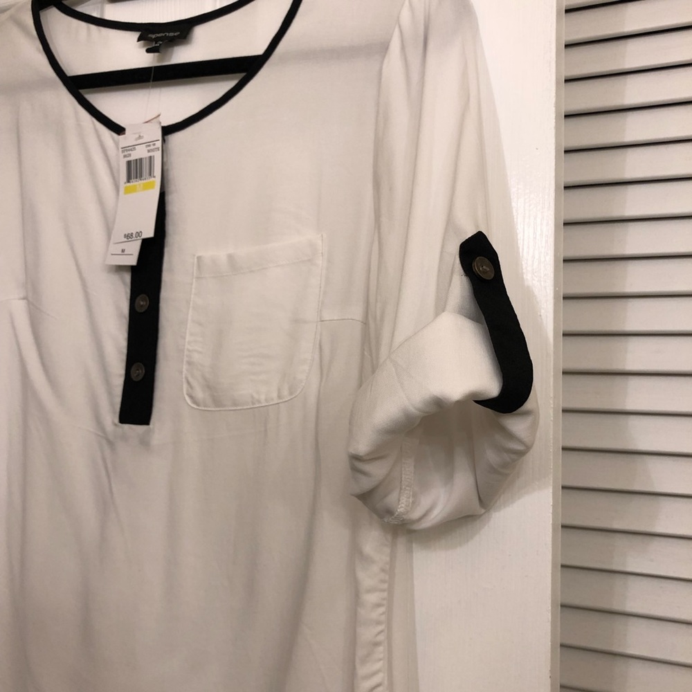 SPENSE Sheer White Blouse Black Trim Size M